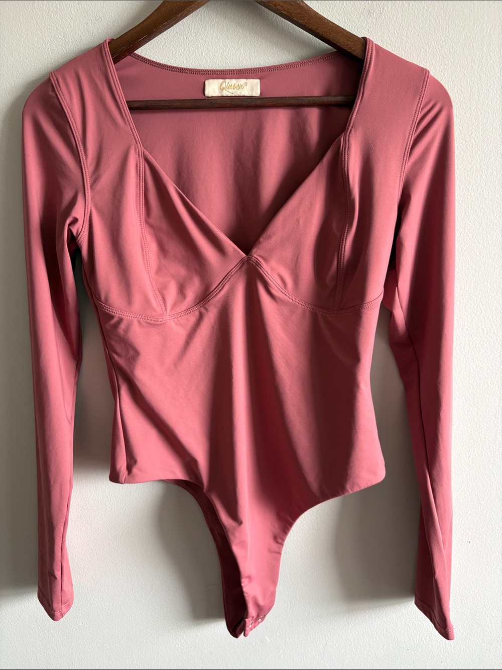 Qinsen Dusty Rose Long Sleeve V Neck Bodysuit Pink Large